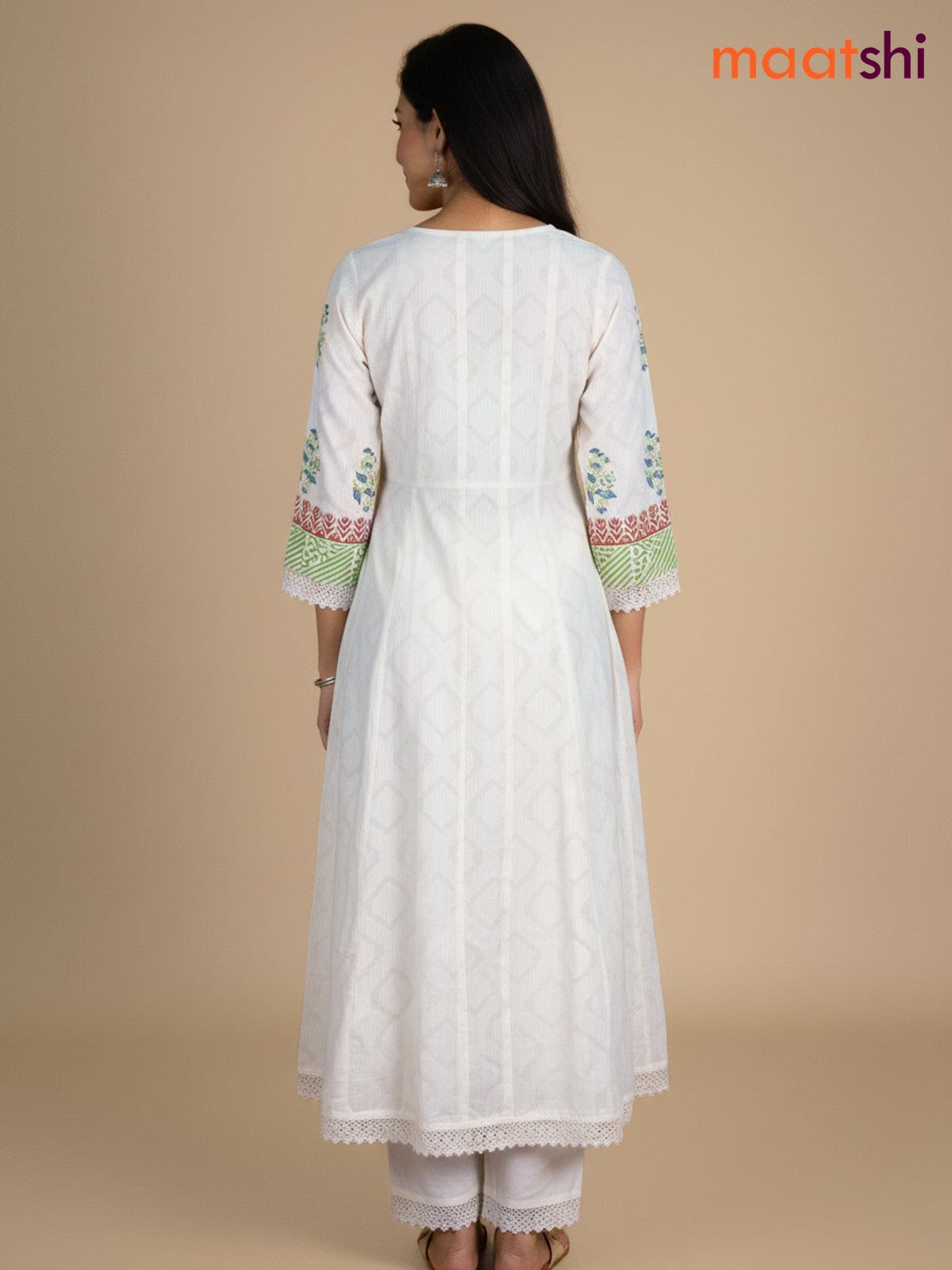 Cream and Green Blue Cotton Block Printed Anarkali Suit