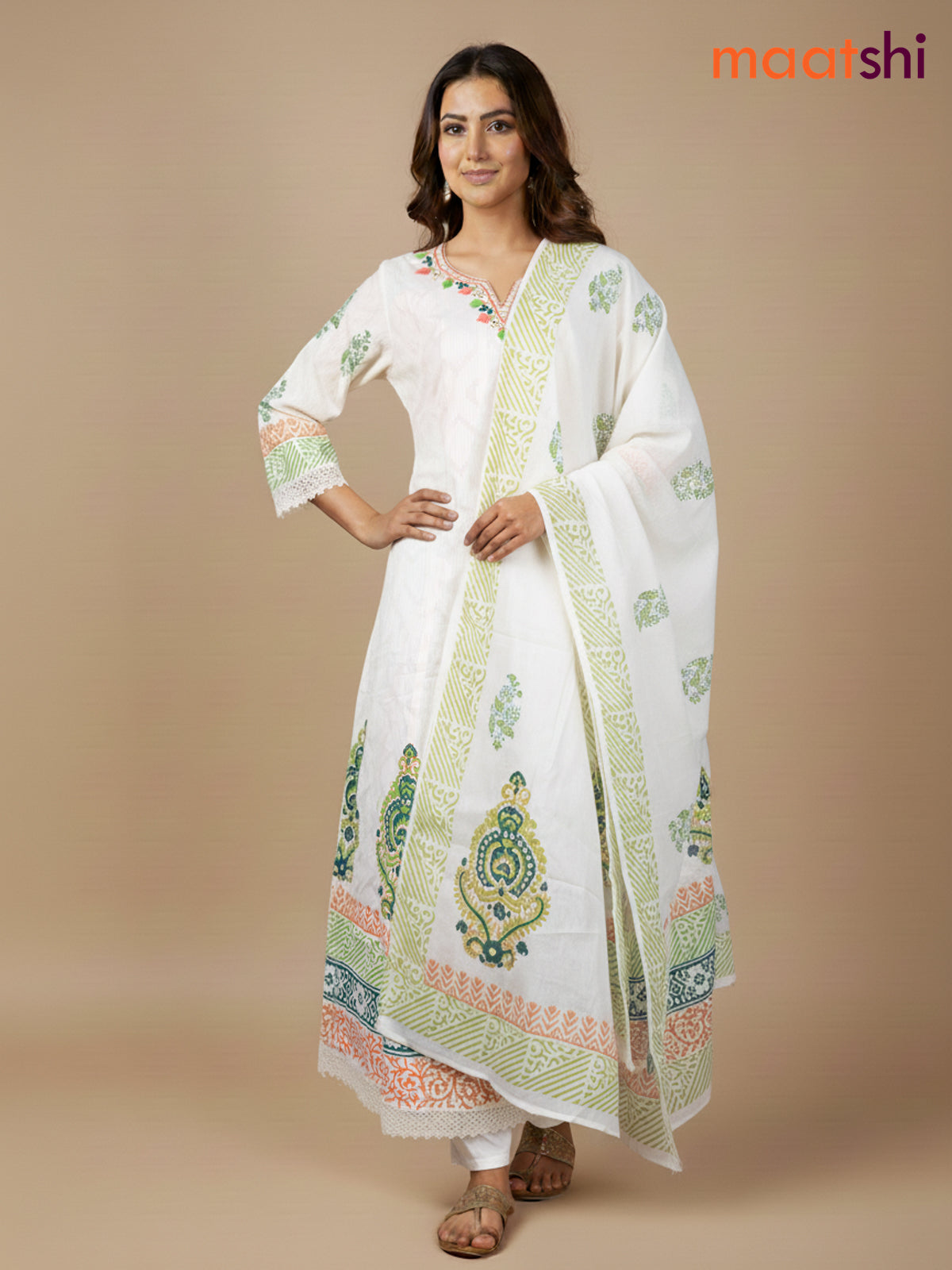 Cream and Green Peach Shade Cotton Block Printed Anarkali Suit