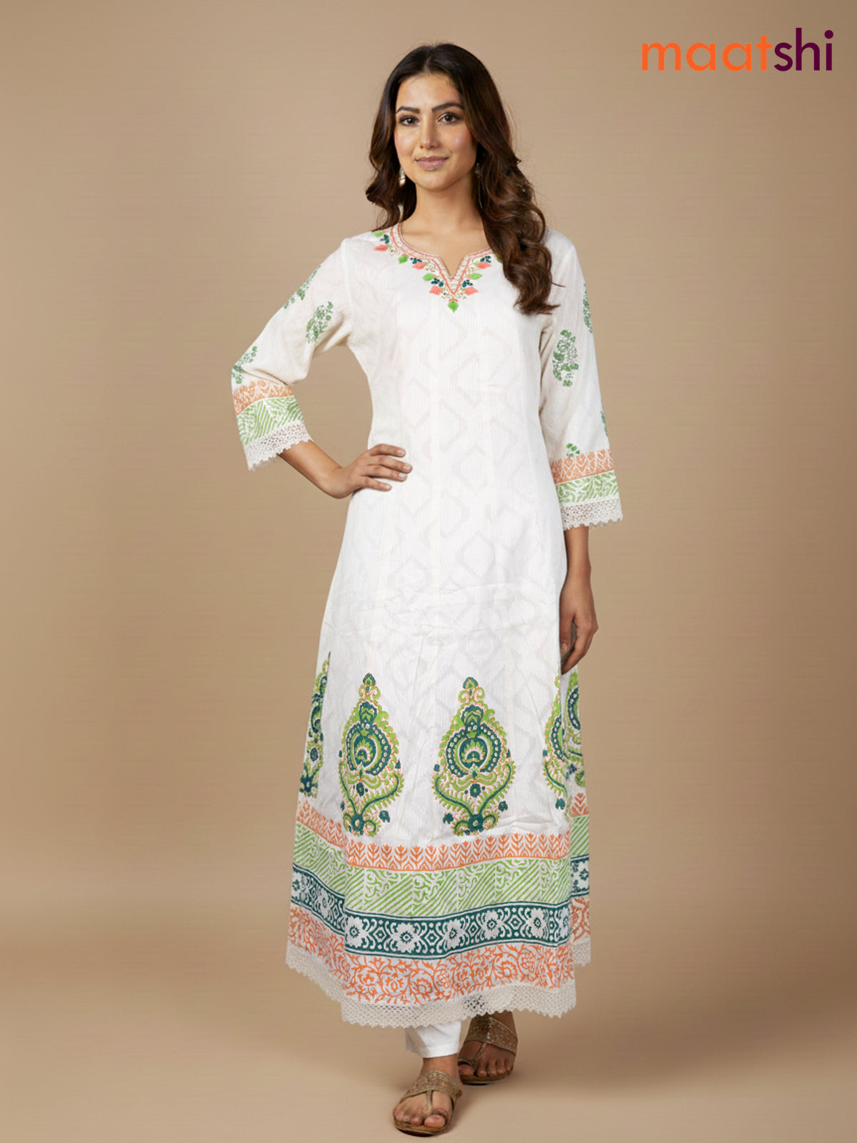 Cream and Green Peach Shade Cotton Block Printed Anarkali Suit