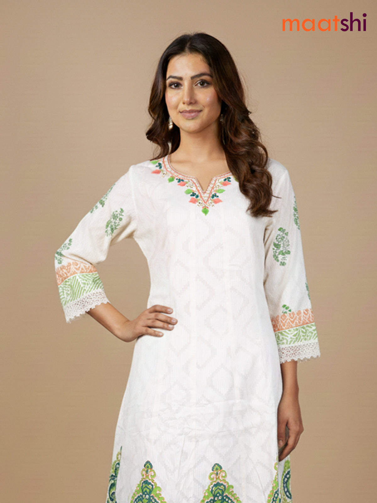 Cream and Green Peach Shade Cotton Block Printed Anarkali Suit