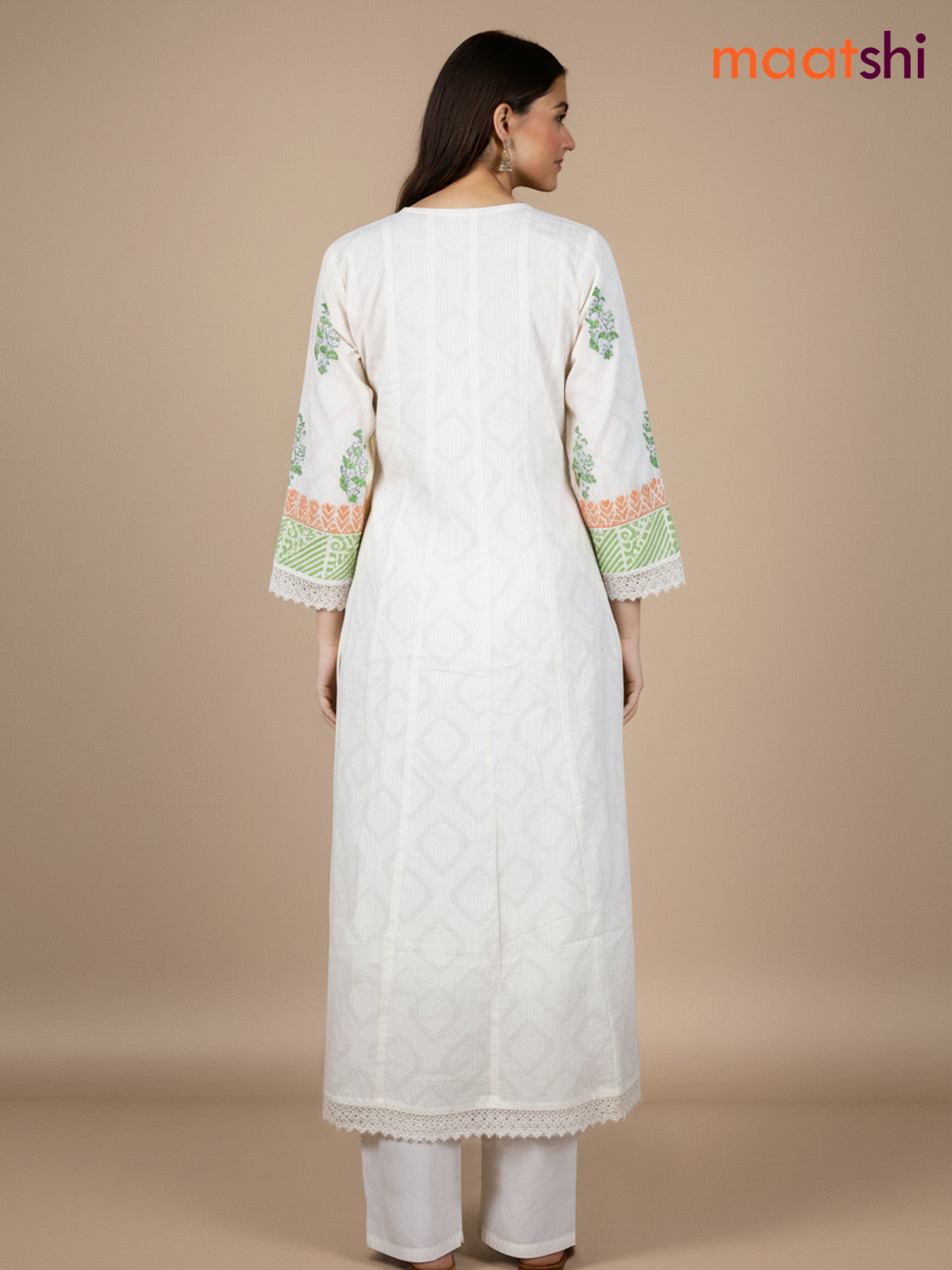 Cream and Green Peach Shade Cotton Block Printed Anarkali Suit