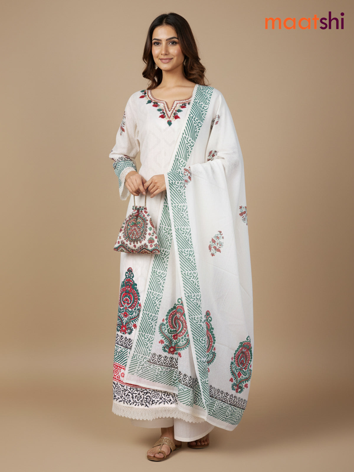 Cream and Green Maroon Cotton Block Printed Anarkali Suit