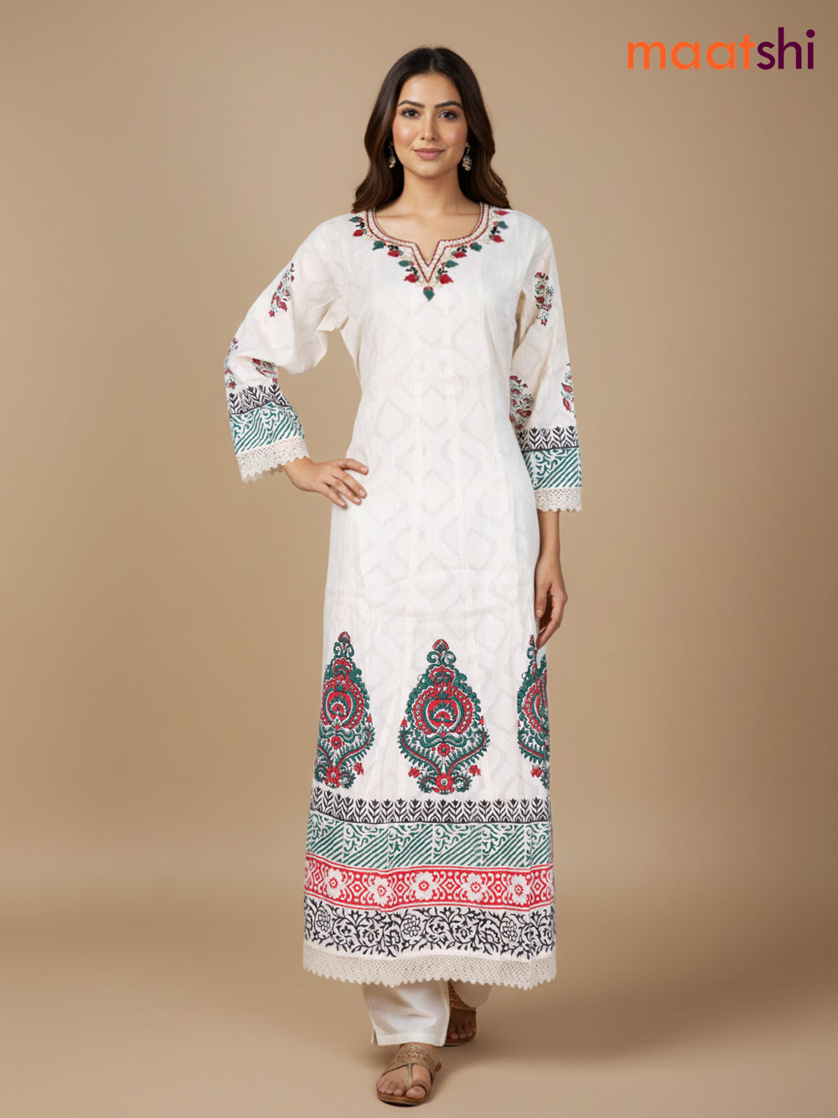 Cream and Green Maroon Cotton Block Printed Anarkali Suit