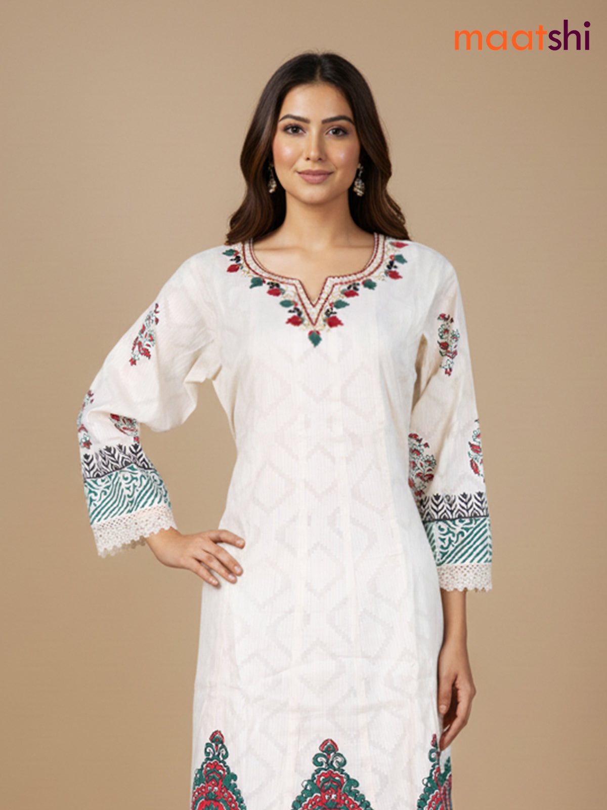Cream and Green Maroon Cotton Block Printed Anarkali Suit