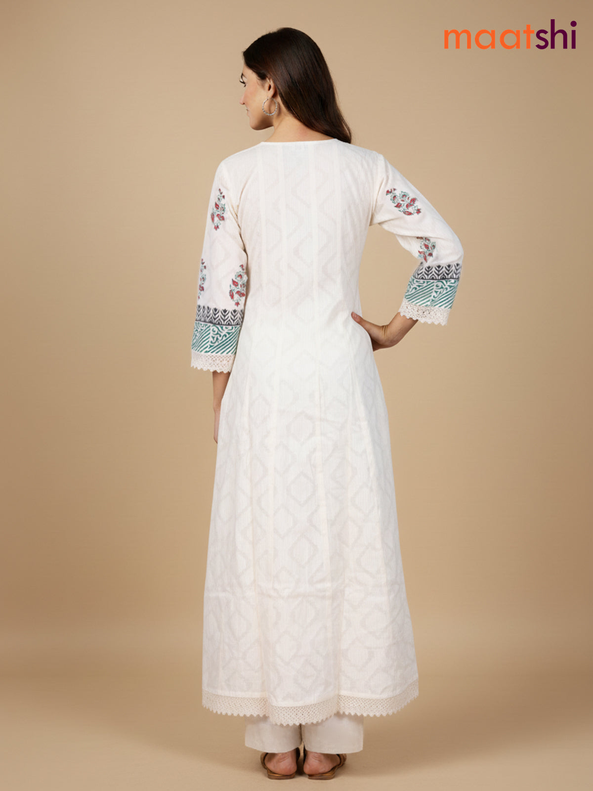 Cream and Green Maroon Cotton Block Printed Anarkali Suit