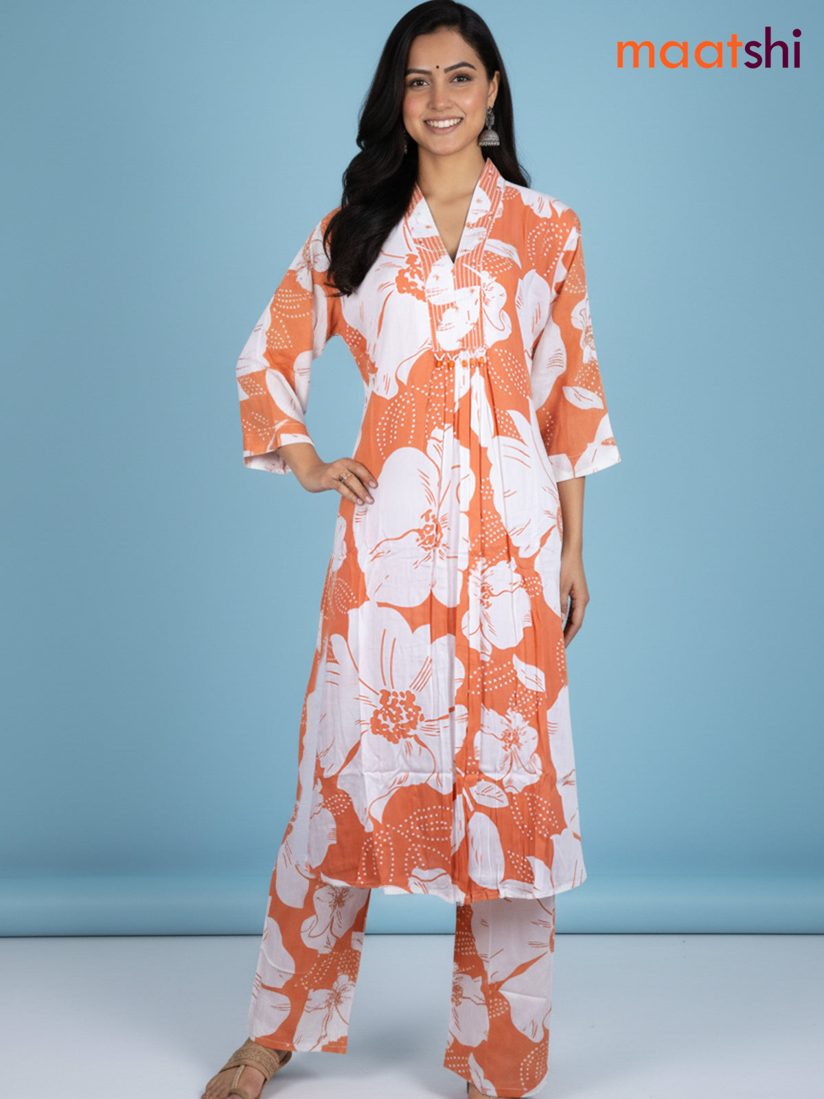 Peach Orange and Off White Cotton Floral Printed Co-Ord Set