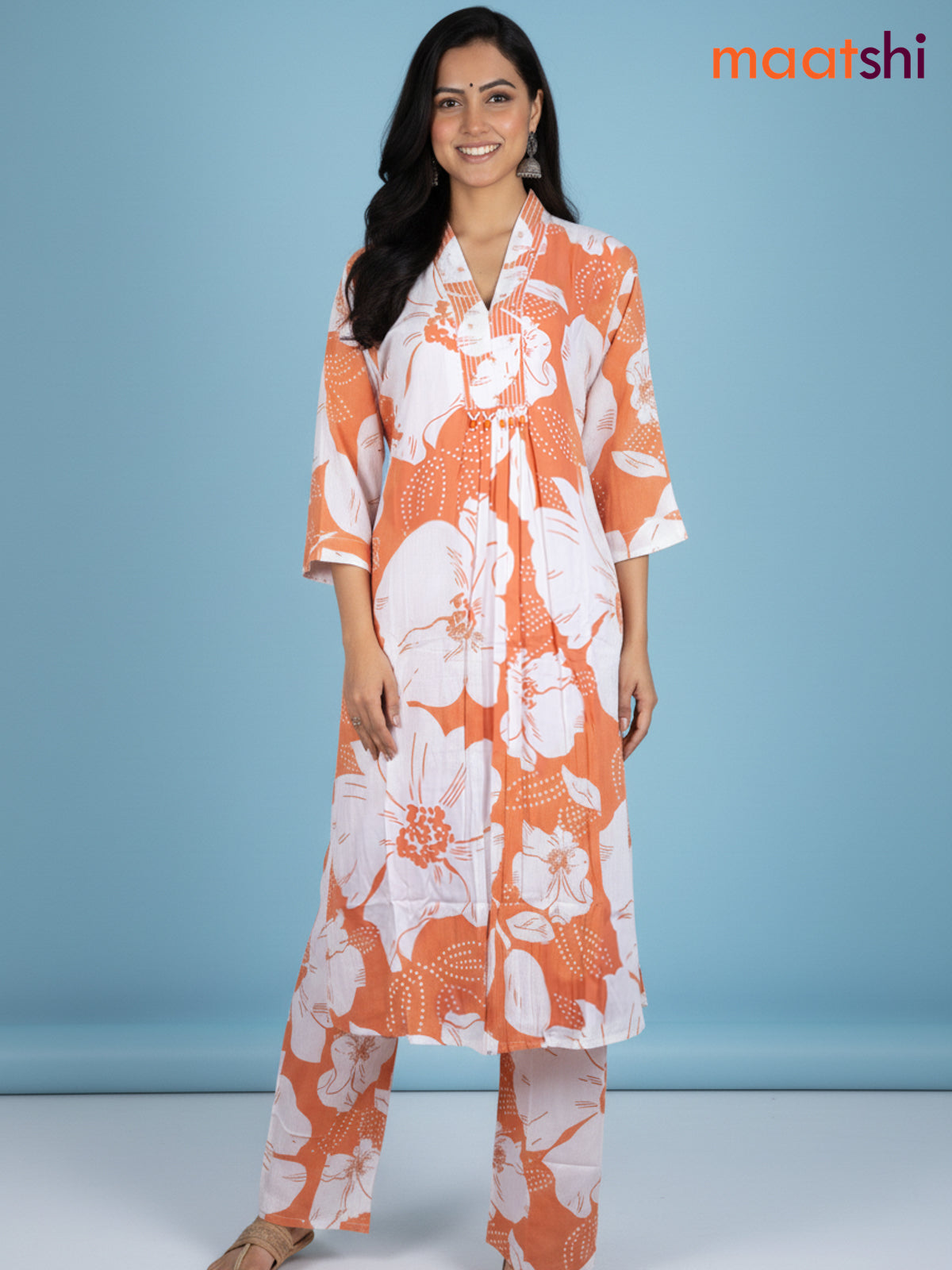 Peach Orange and Off White Cotton Floral Printed Co-Ord Set