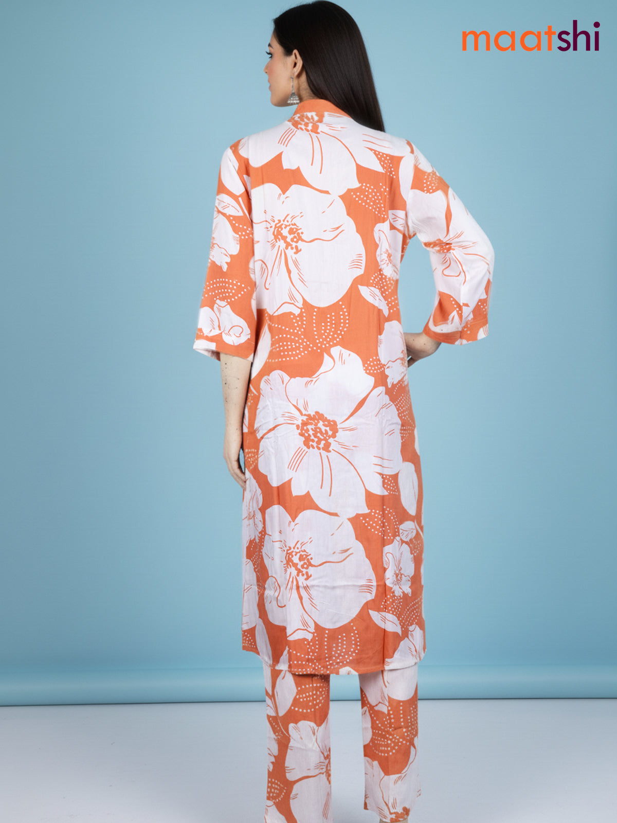 Peach Orange and Off White Cotton Floral Printed Co-Ord Set
