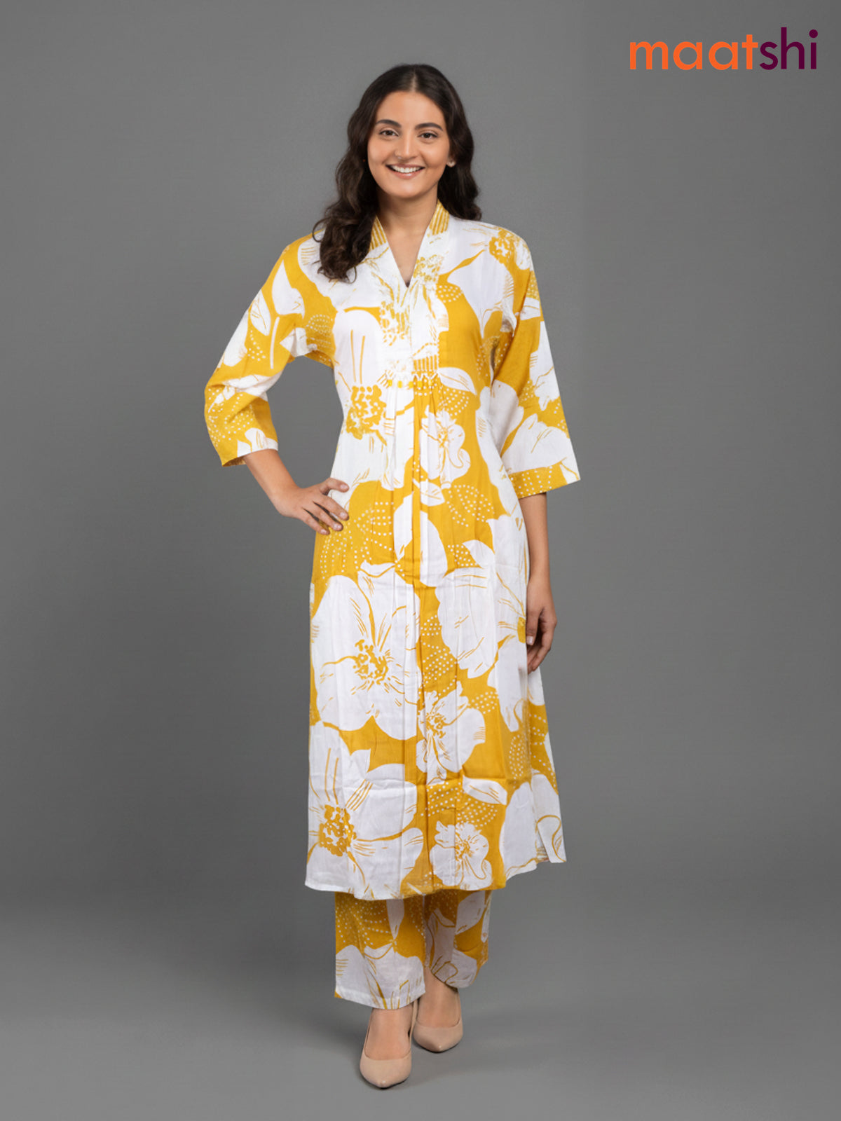 Mustard Yellow and Off White Cotton Floral Printed Co-Ord Set