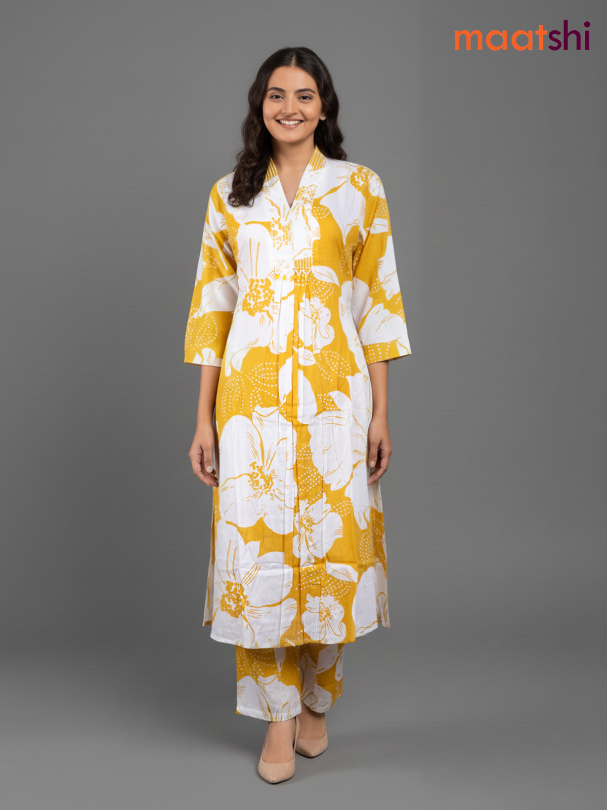 Mustard Yellow and Off White Cotton Floral Printed Co-Ord Set