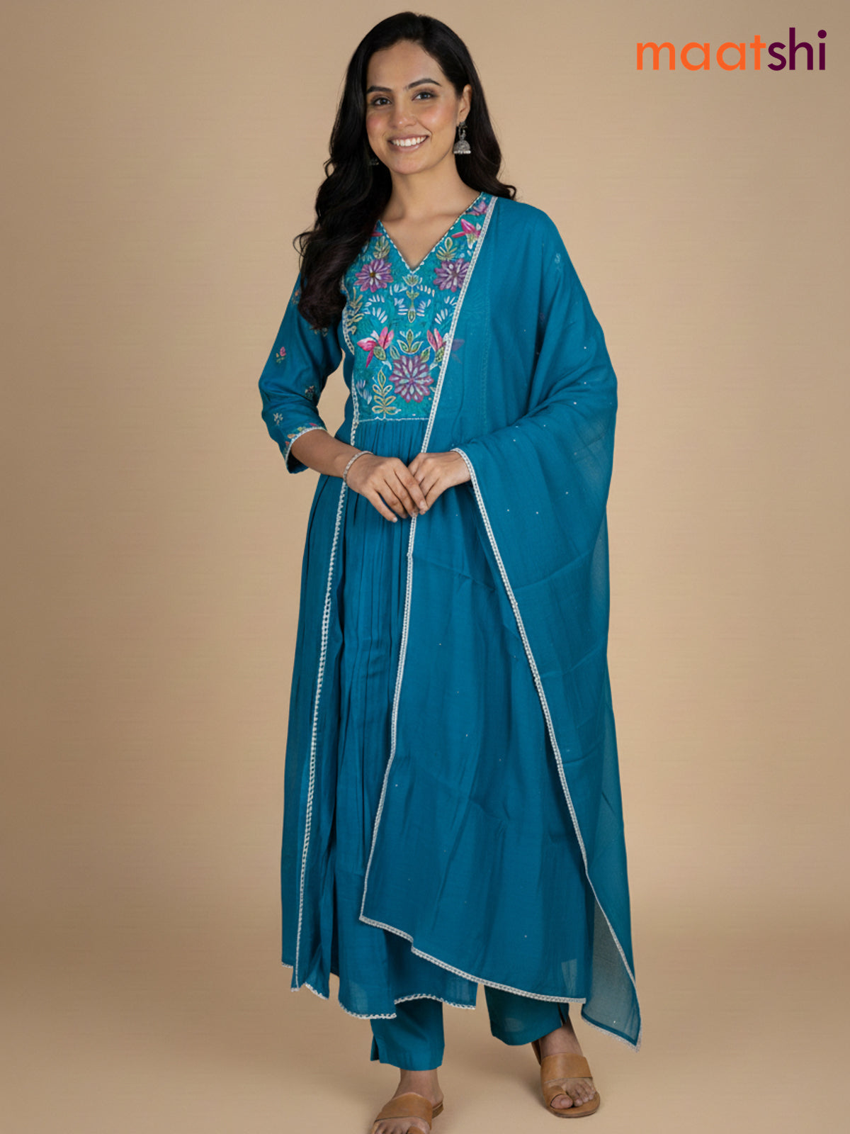 Teal Blue Chanderi Embroidery Work Anarkali Suit
