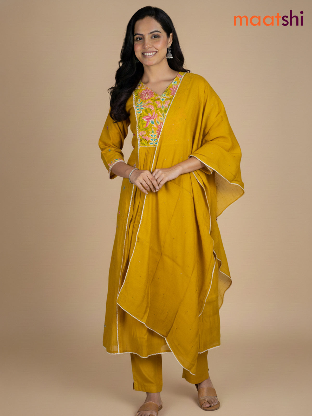 Mustard Yellow Chanderi Embroidery Work Anarkali Suit