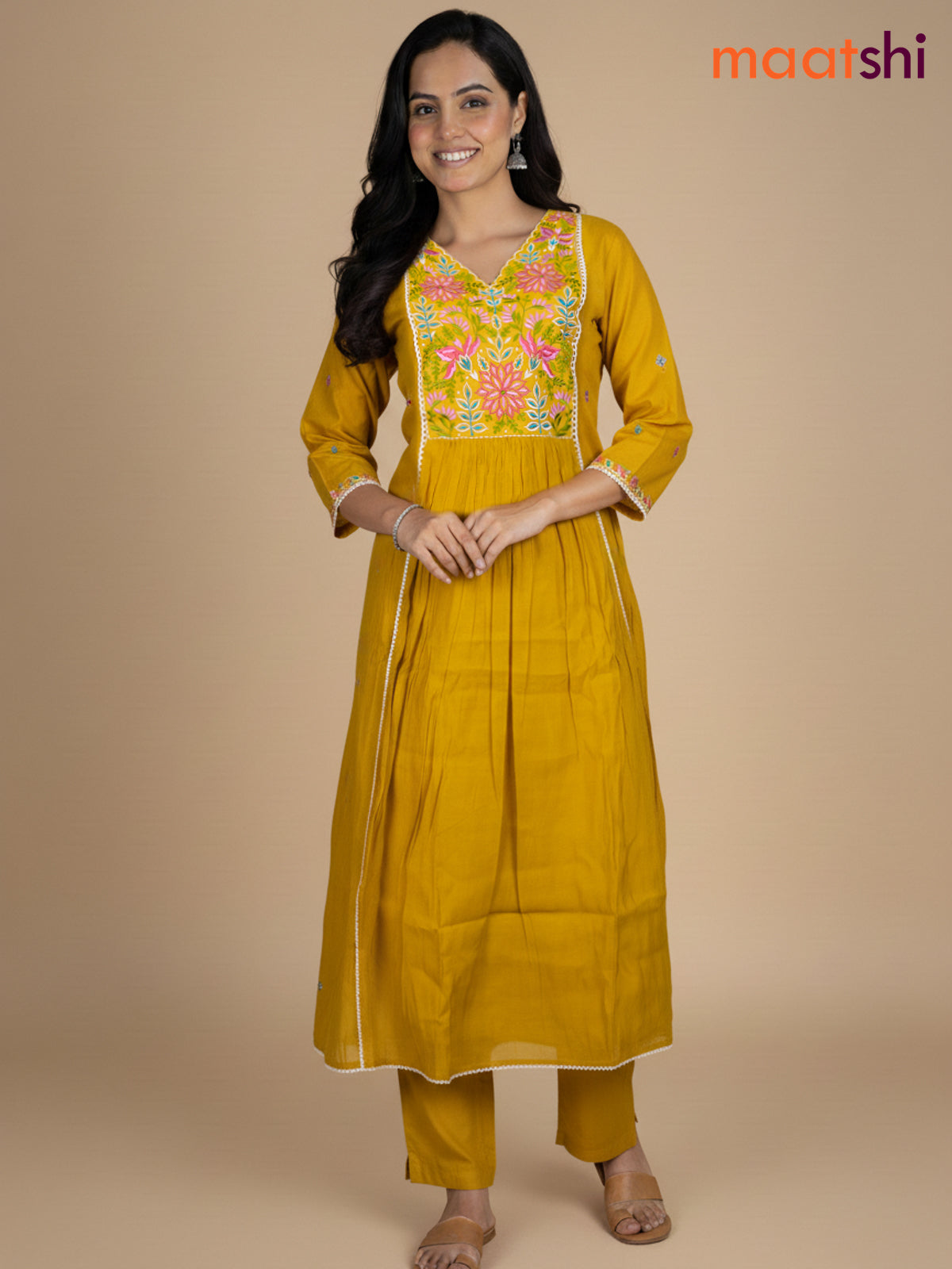 Mustard Yellow Chanderi Embroidery Work Anarkali Suit
