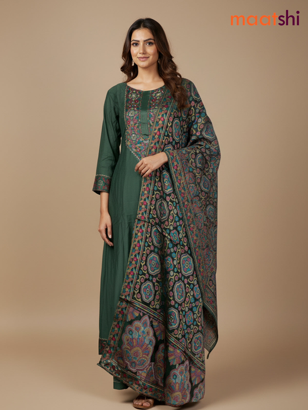 Green Chanderi Beaded Work Anarkali Suit