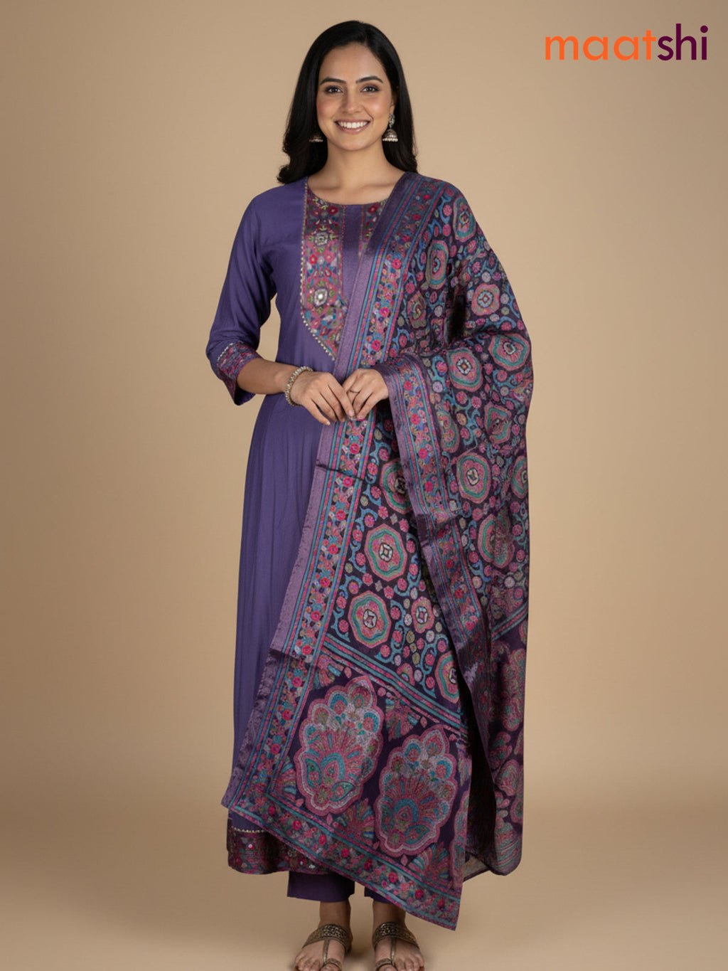 Purple Shade Chanderi Beaded Work Anarkali Suit