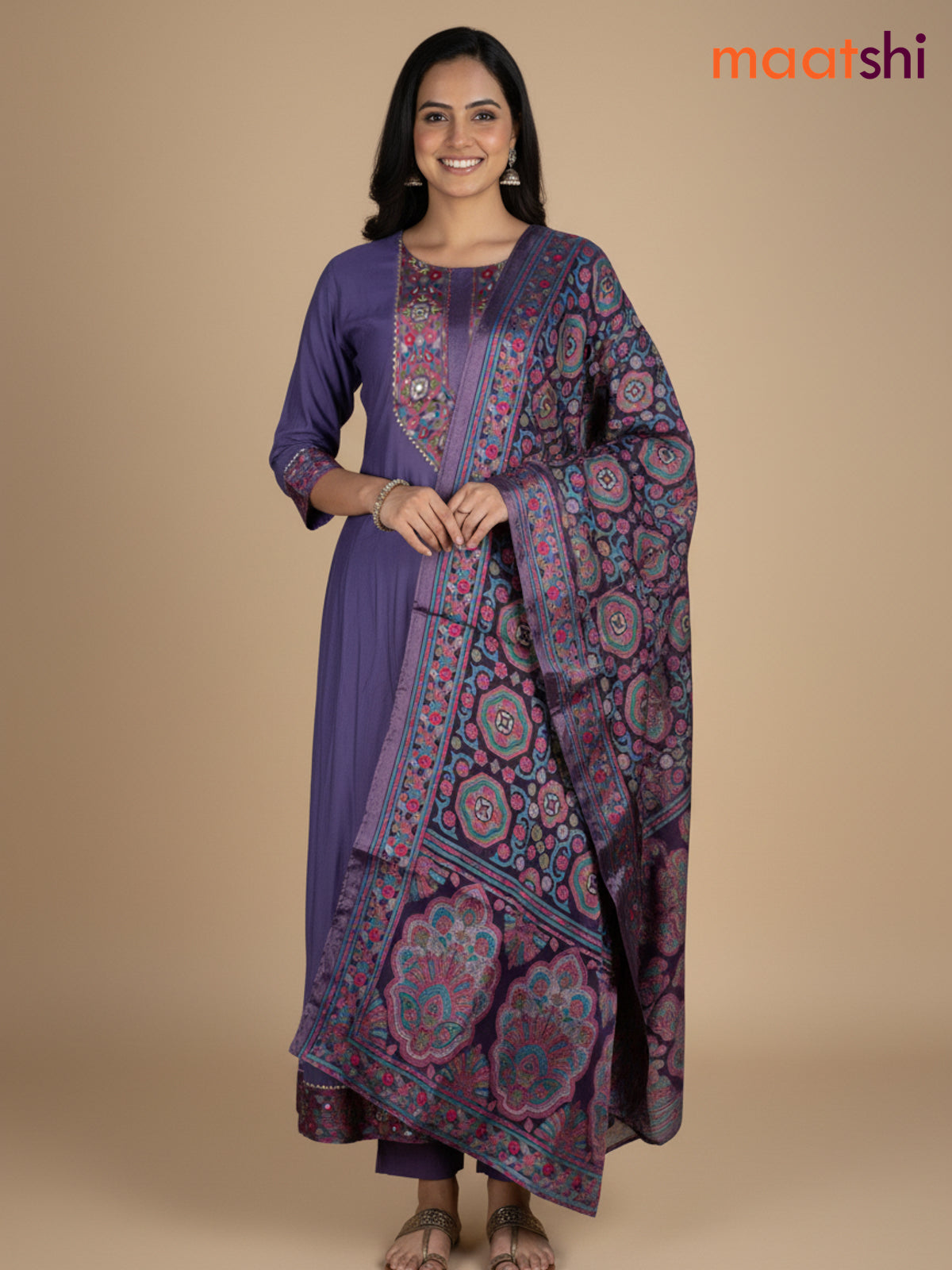 Purple Shade Chanderi Beaded Work Anarkali Suit