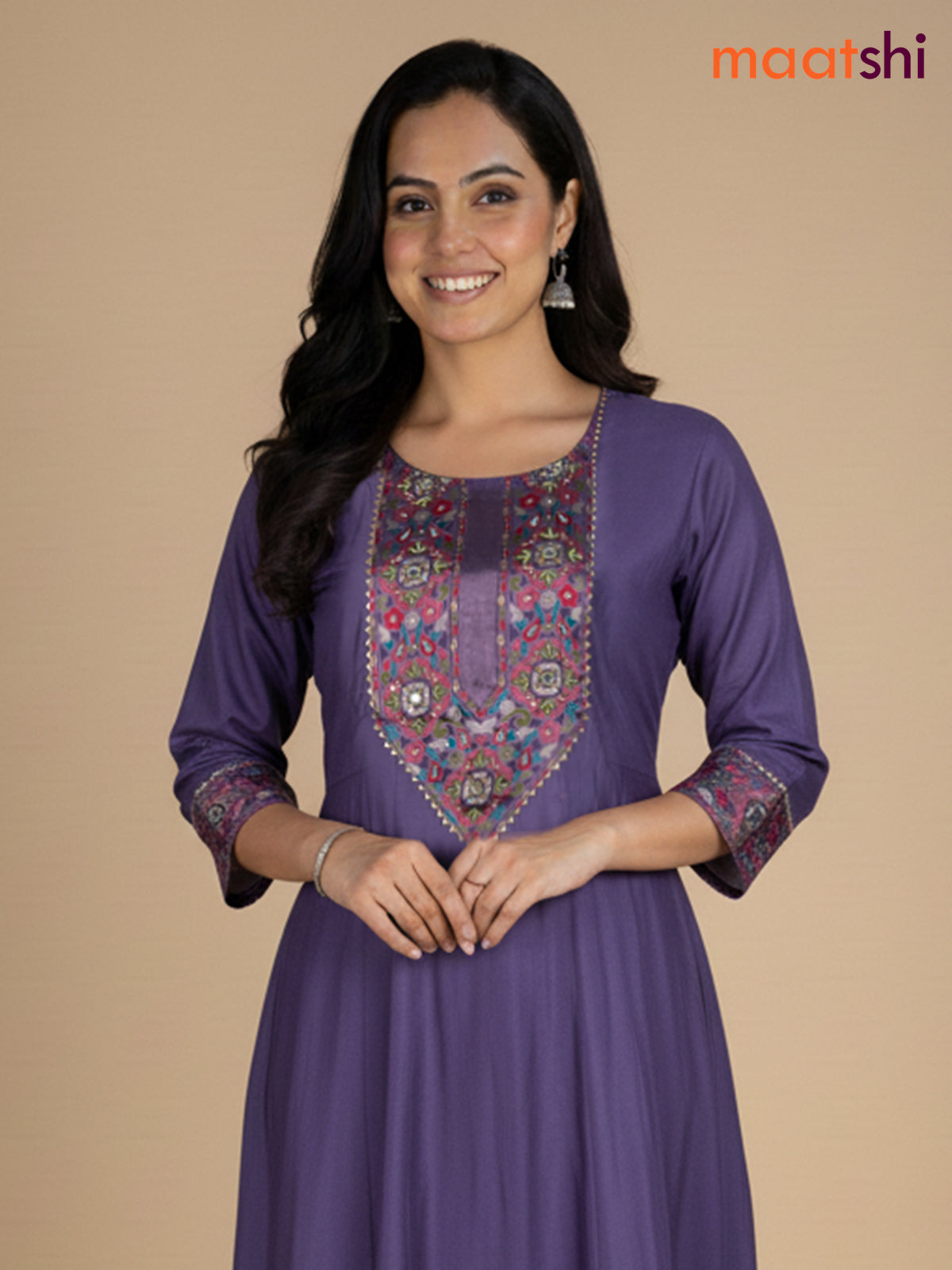 Purple Shade Chanderi Beaded Work Anarkali Suit