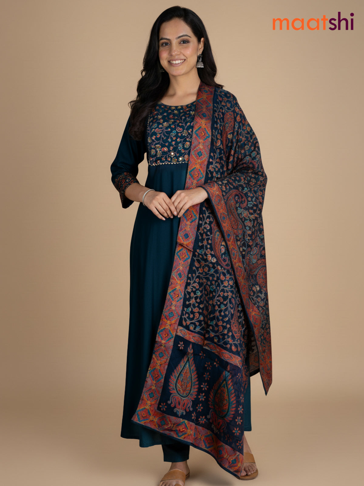 Peacock Green Chanderi Beaded Work Anarkali Suit