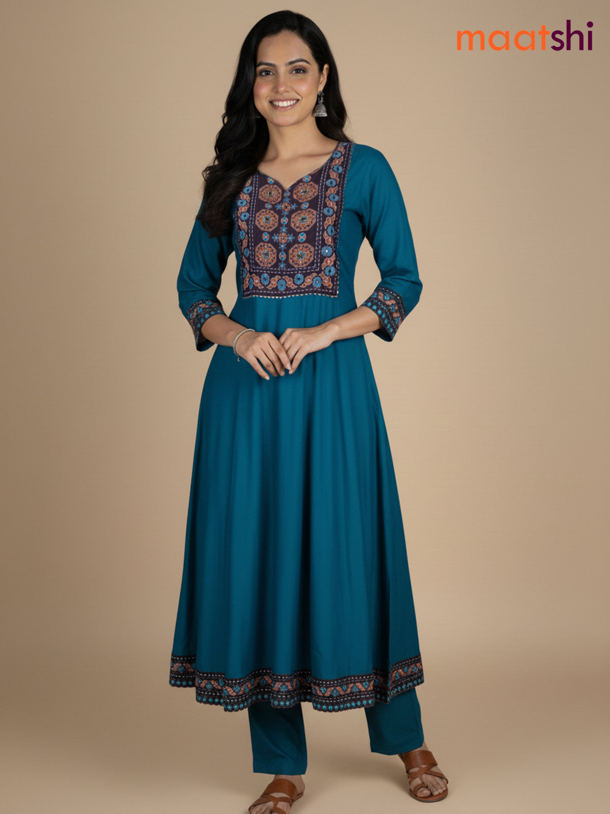 Teal Blue Chanderi Beaded Work Anarkali Suit
