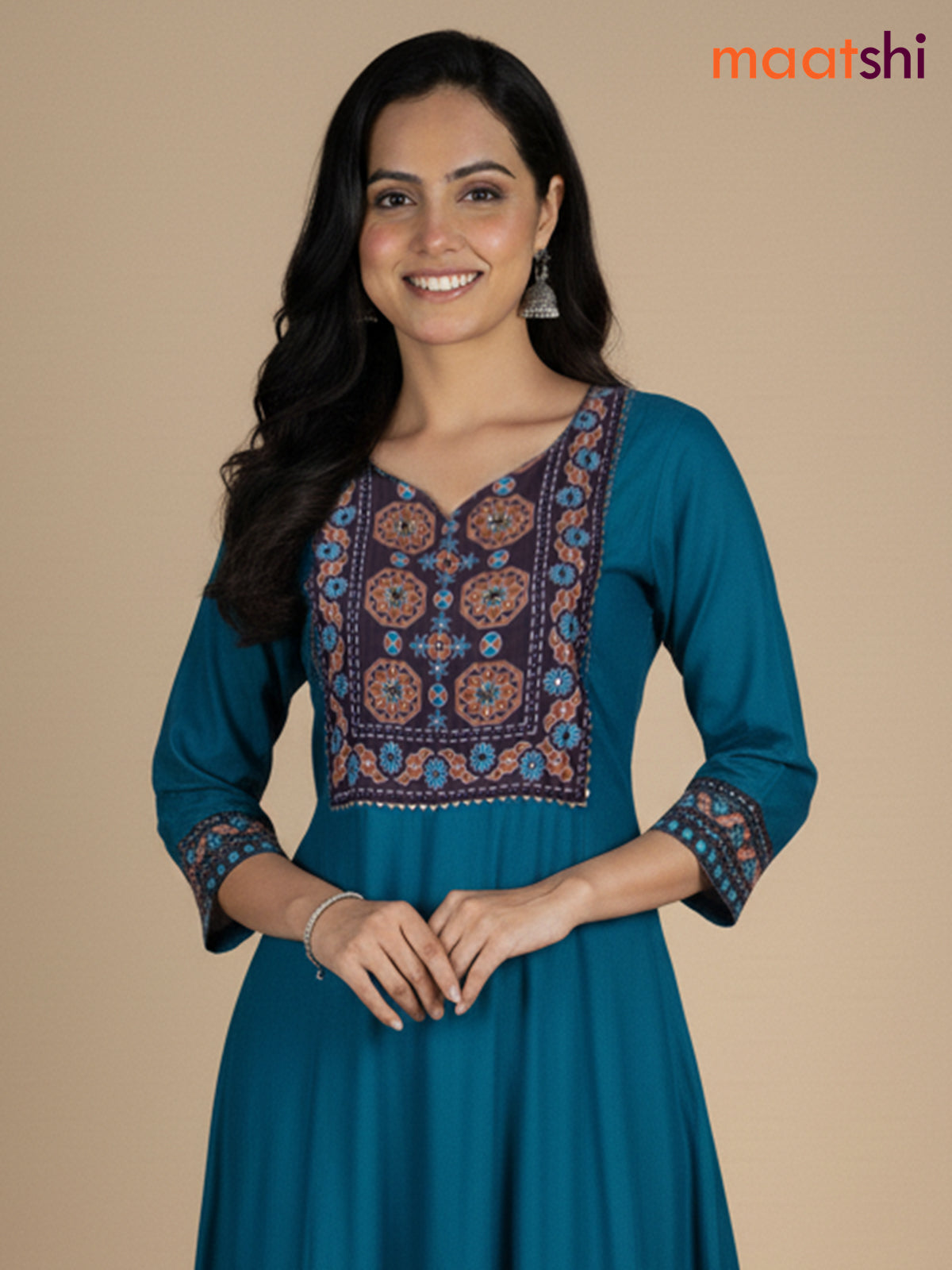 Teal Blue Chanderi Beaded Work Anarkali Suit