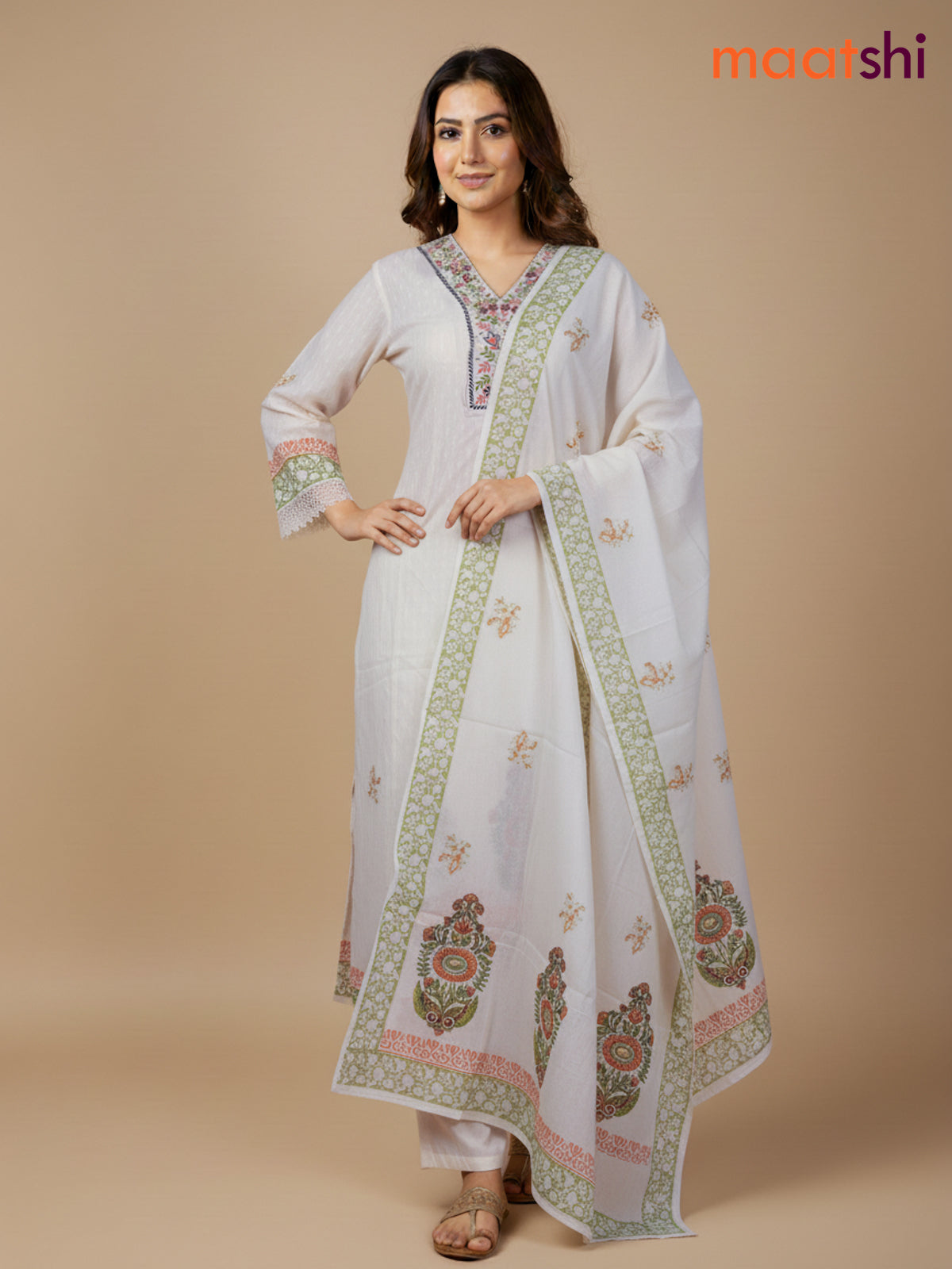 Cream and Orange Green Cotton Block Printed Anarkali Suit