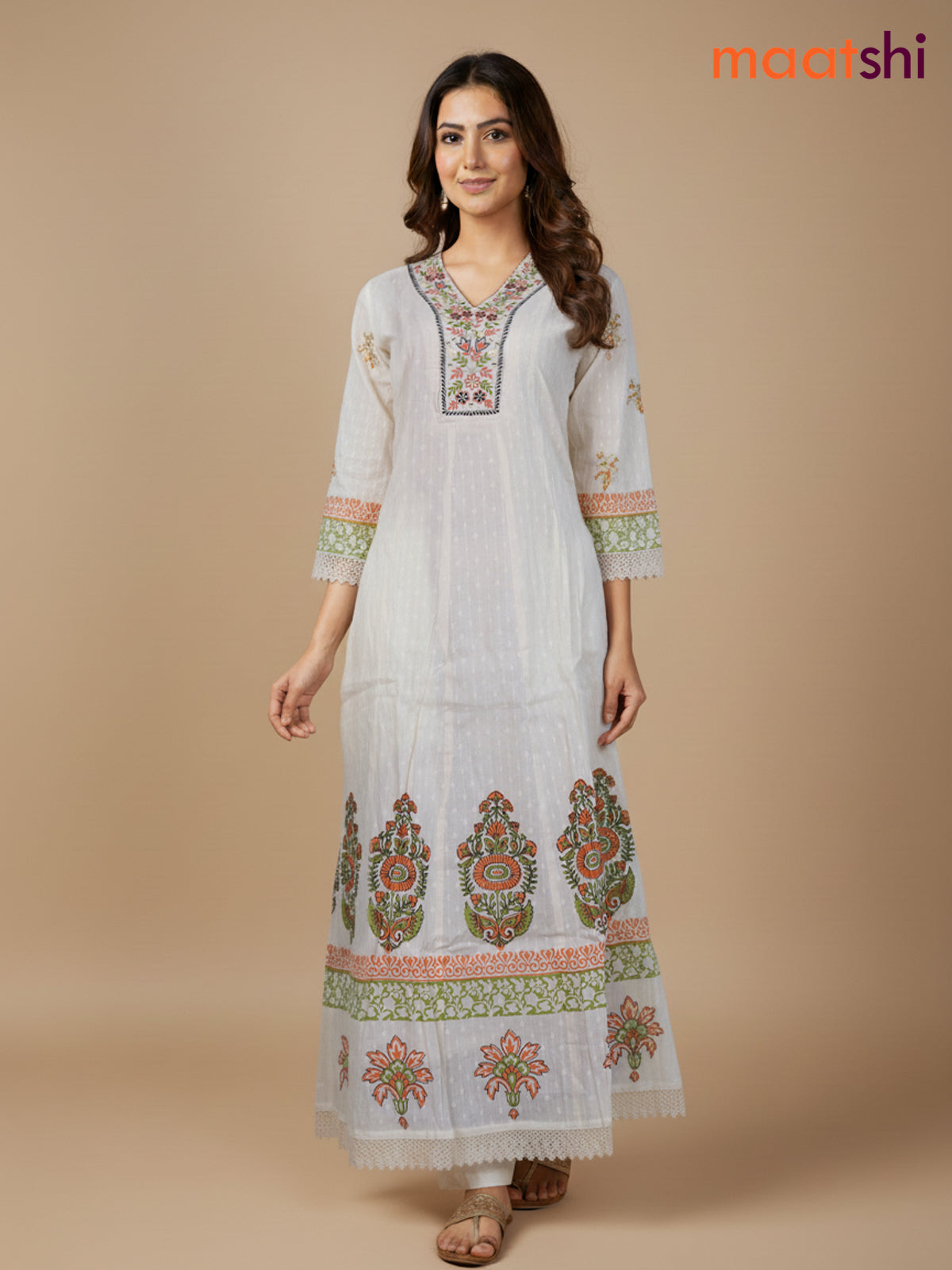 Cream and Orange Green Cotton Block Printed Anarkali Suit