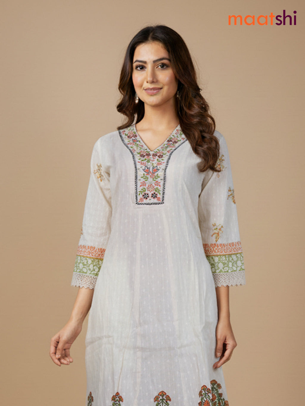 Cream and Orange Green Cotton Block Printed Anarkali Suit