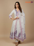 Cream and Lavender Pink Cotton Block Printed Anarkali Suit