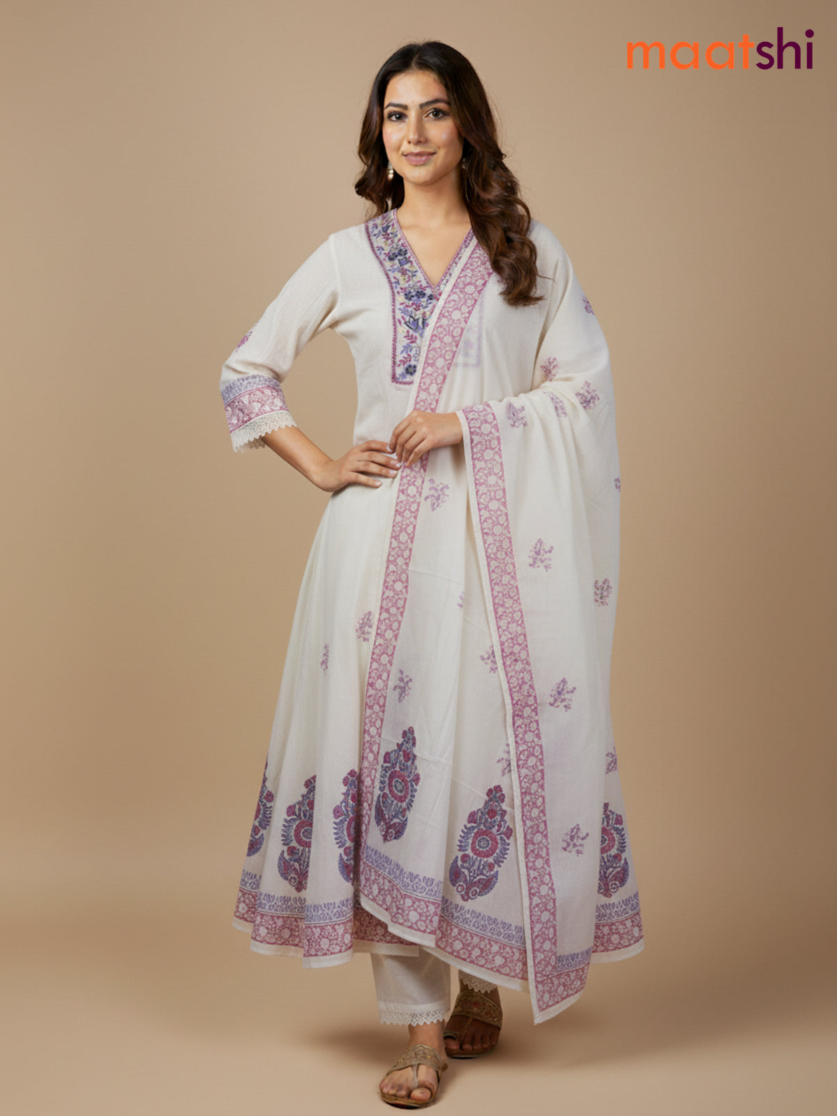 Cream and Lavender Pink Cotton Block Printed Anarkali Suit