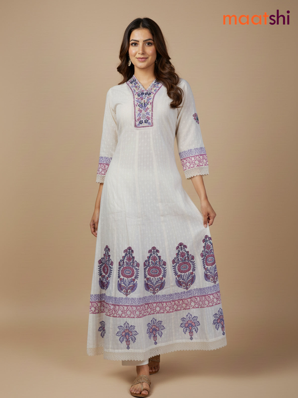 Cream and Lavender Pink Cotton Block Printed Anarkali Suit
