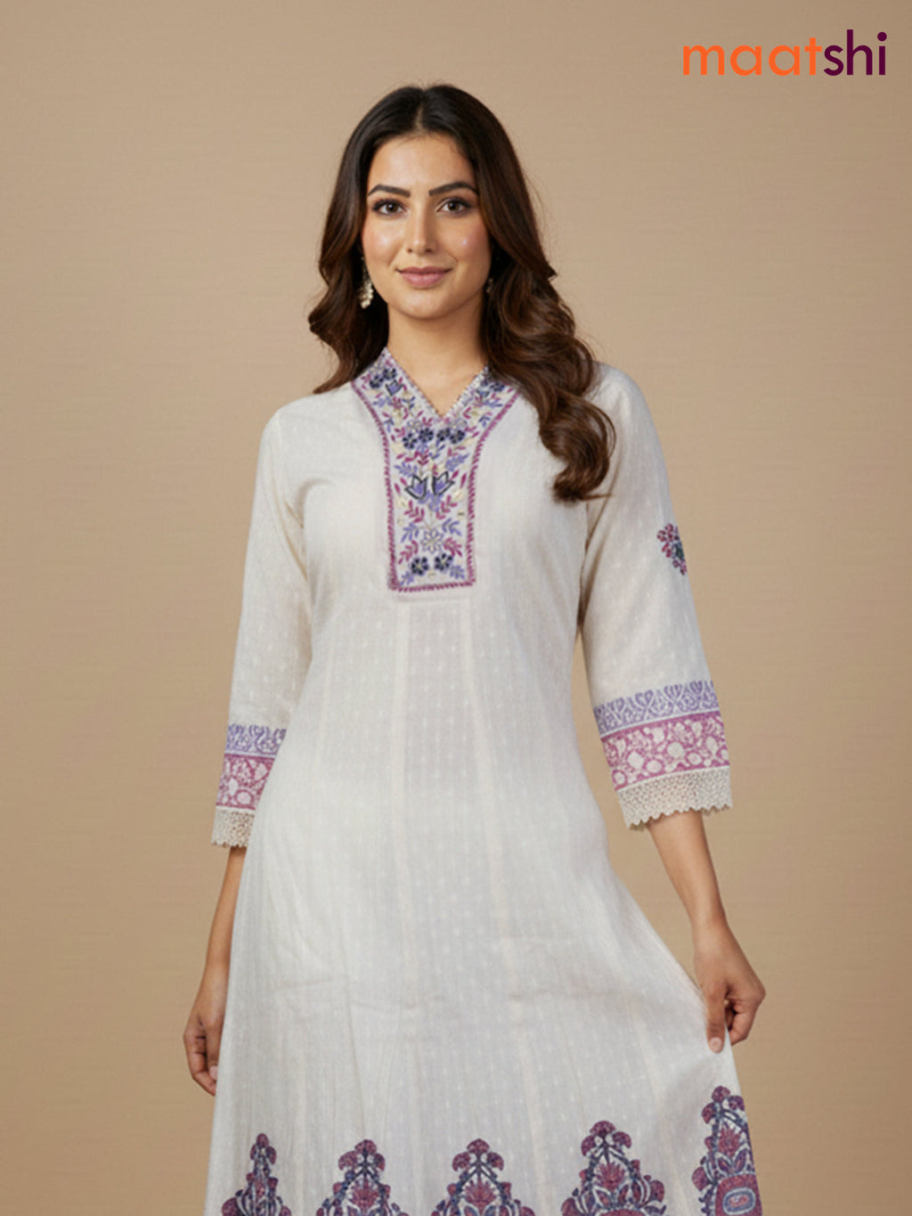 Cream and Lavender Pink Cotton Block Printed Anarkali Suit