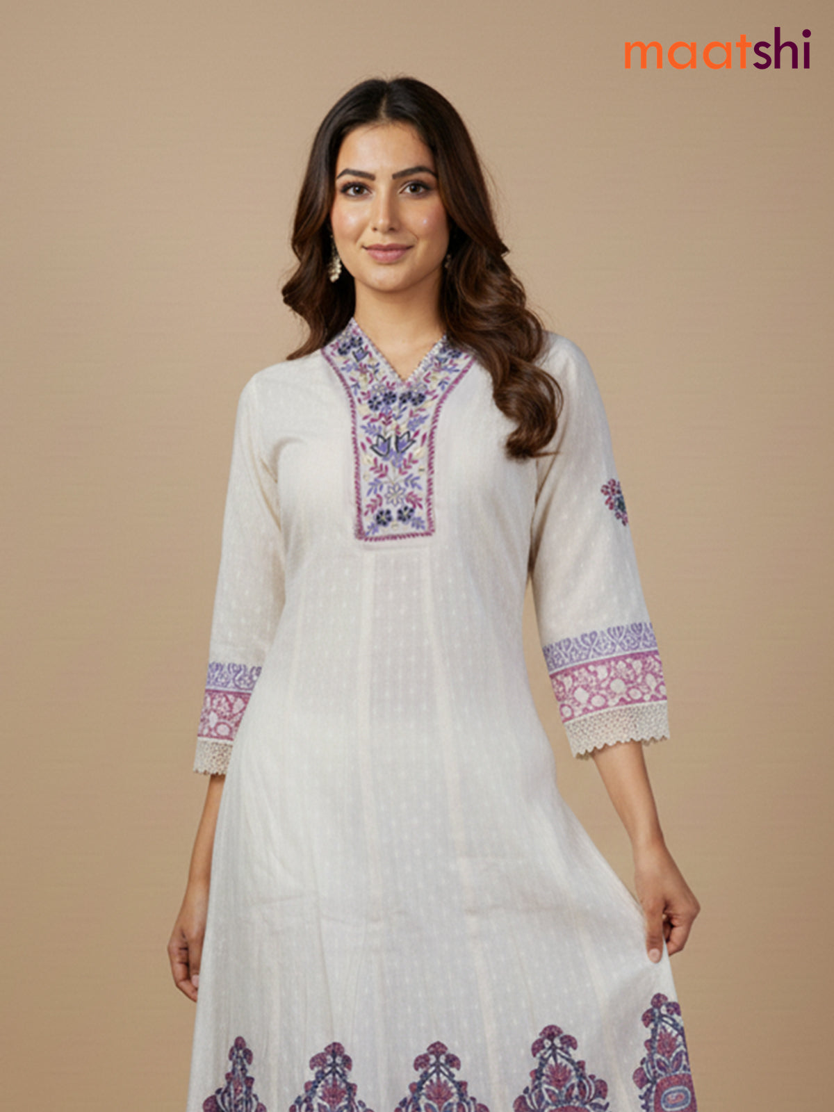 Cream and Lavender Pink Cotton Block Printed Anarkali Suit