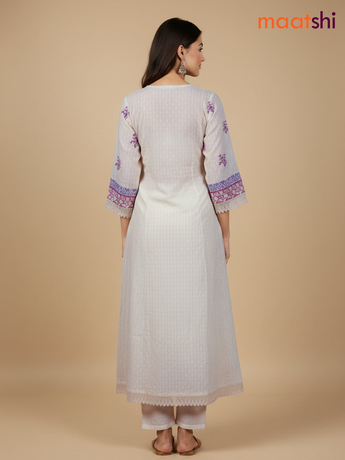 Cream and Lavender Pink Cotton Block Printed Anarkali Suit