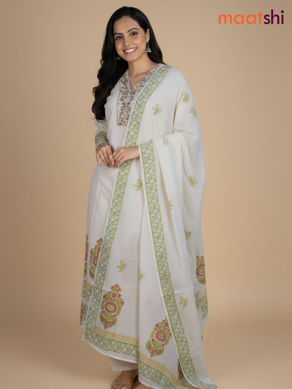 Cream and Green Pink Cotton Block Printed Anarkali Suit