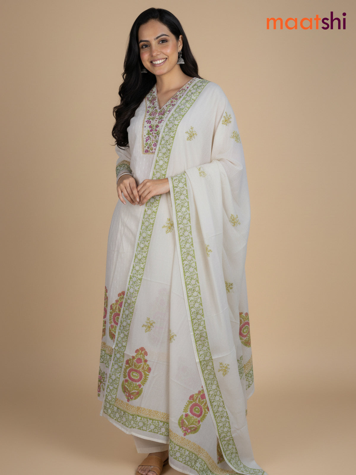 Cream and Green Pink Cotton Block Printed Anarkali Suit