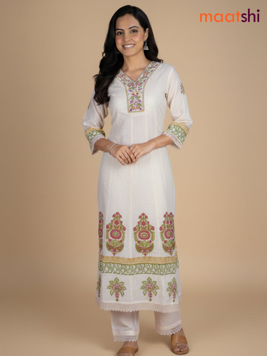 Cream and Green Pink Cotton Block Printed Anarkali Suit