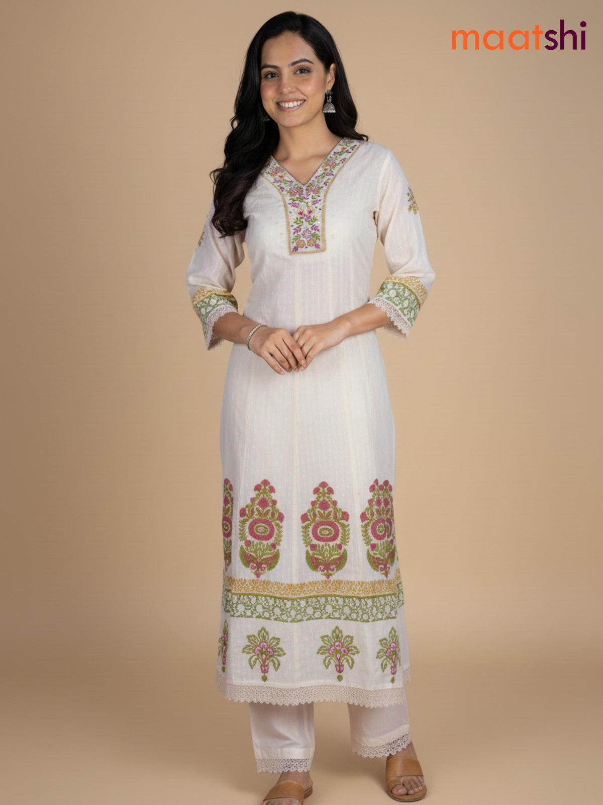 Cream and Green Pink Cotton Block Printed Anarkali Suit