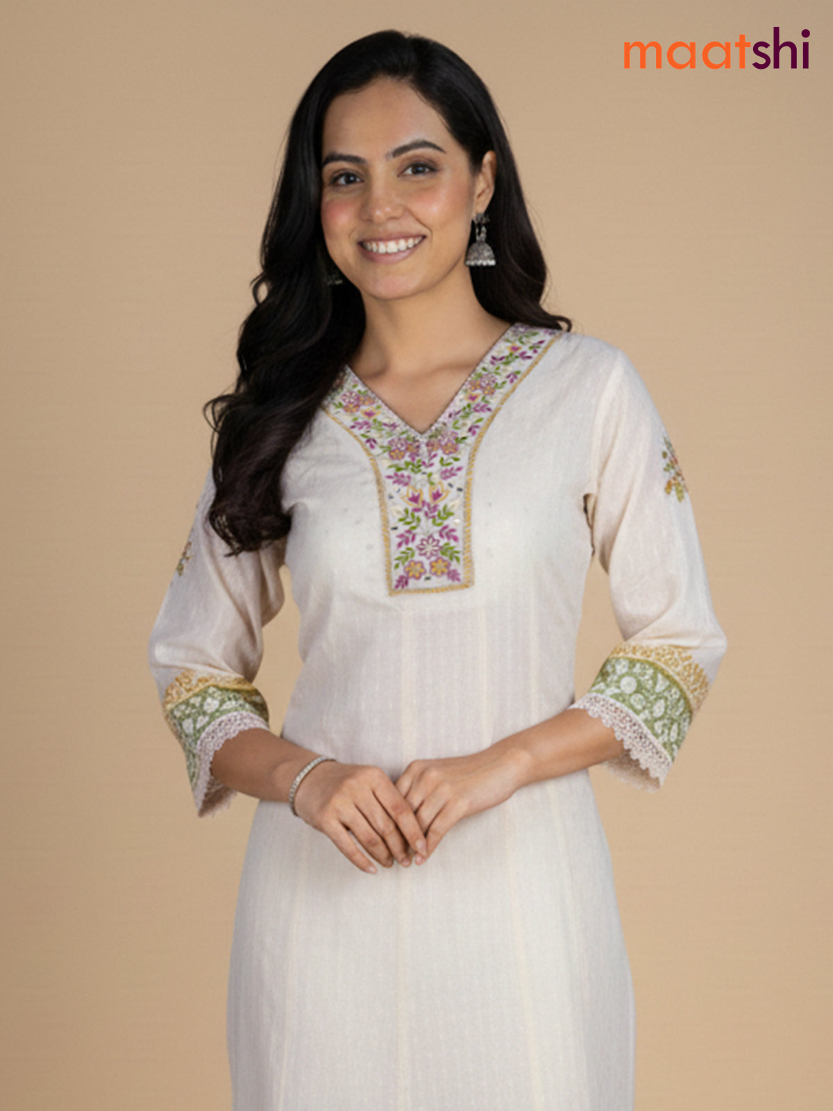 Cream and Green Pink Cotton Block Printed Anarkali Suit