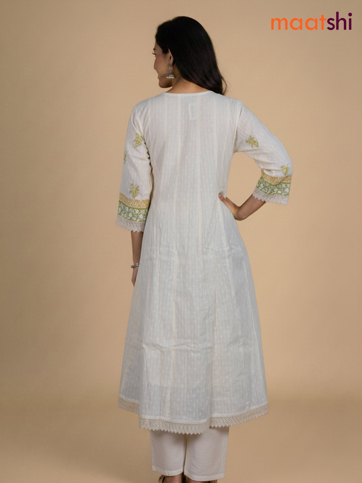 Cream and Green Pink Cotton Block Printed Anarkali Suit