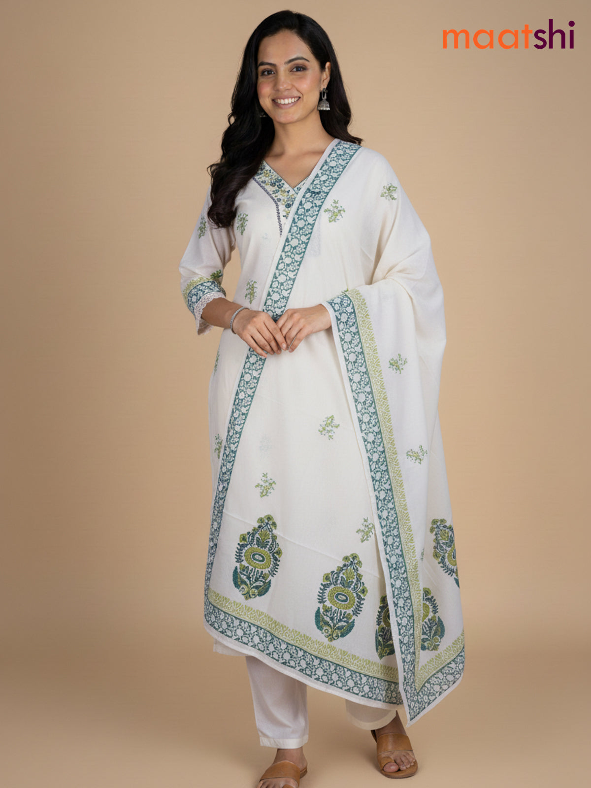 Cream and Green Cotton Block Printed Anarkali Suit
