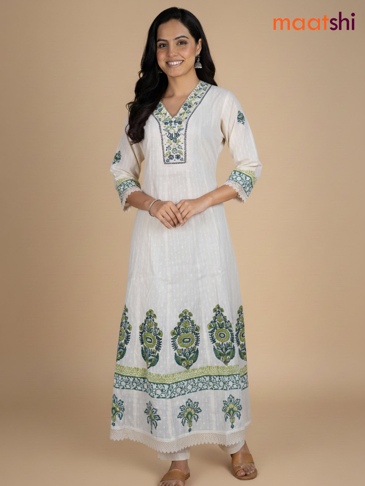 Cream and Green Cotton Block Printed Anarkali Suit