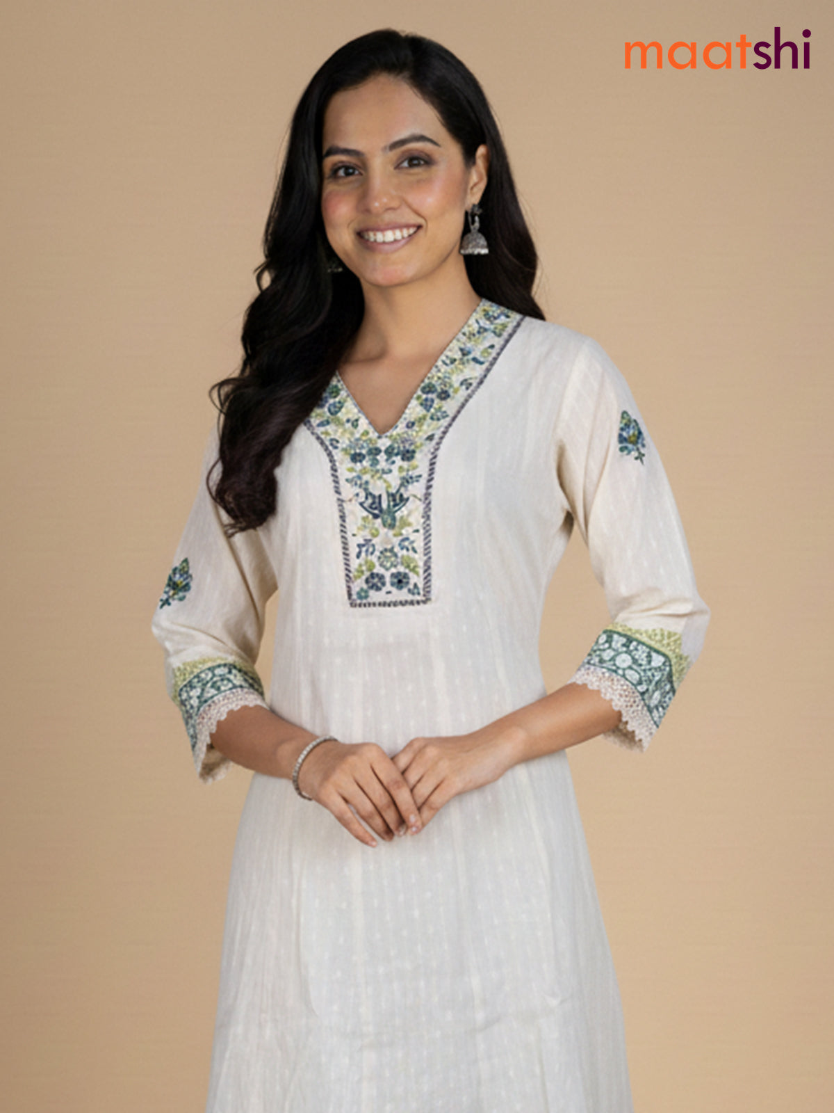 Cream and Green Cotton Block Printed Anarkali Suit