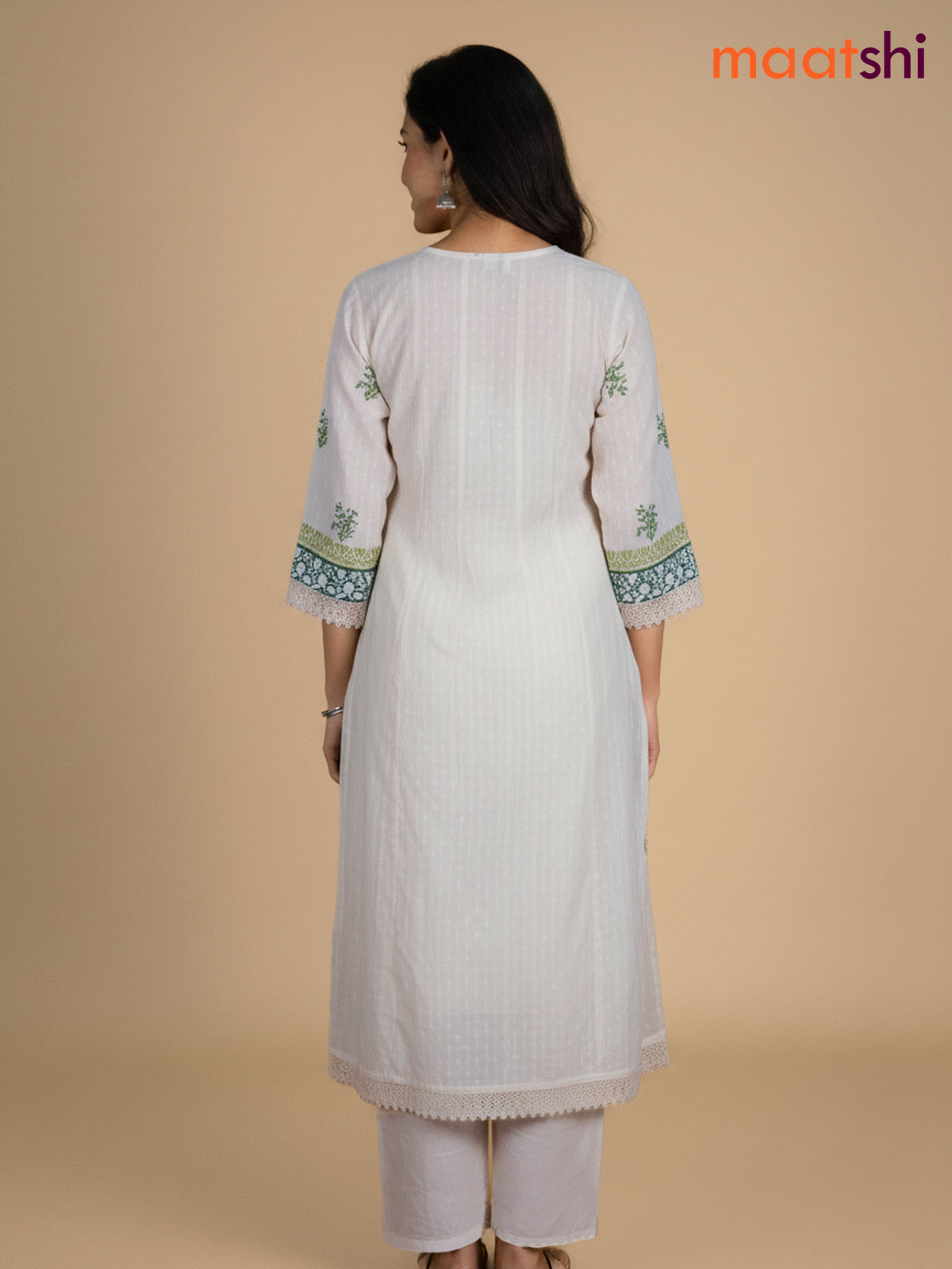 Cream and Green Cotton Block Printed Anarkali Suit
