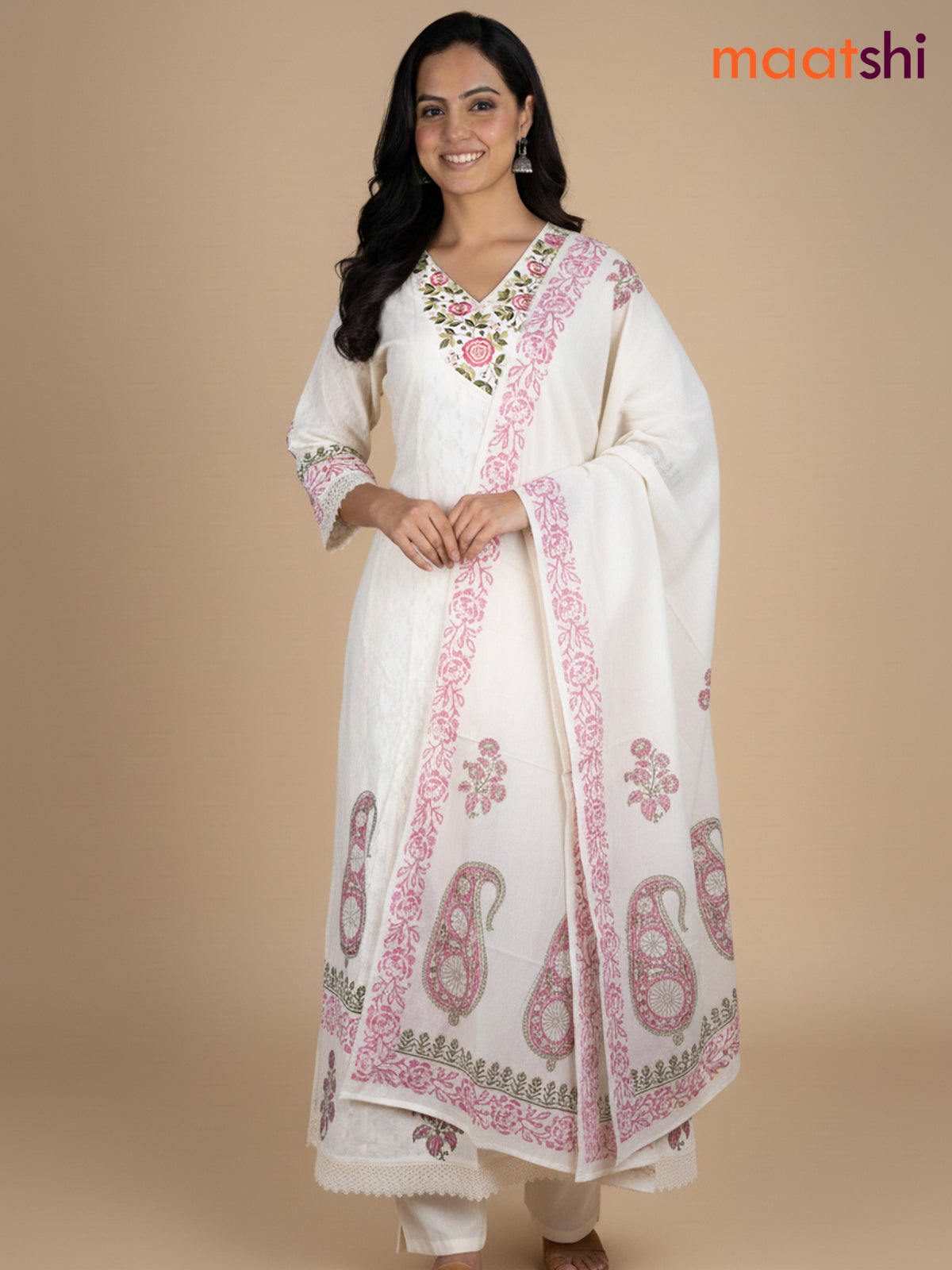 Cream and Green Pink Cotton Block Printed Anarkali Suit
