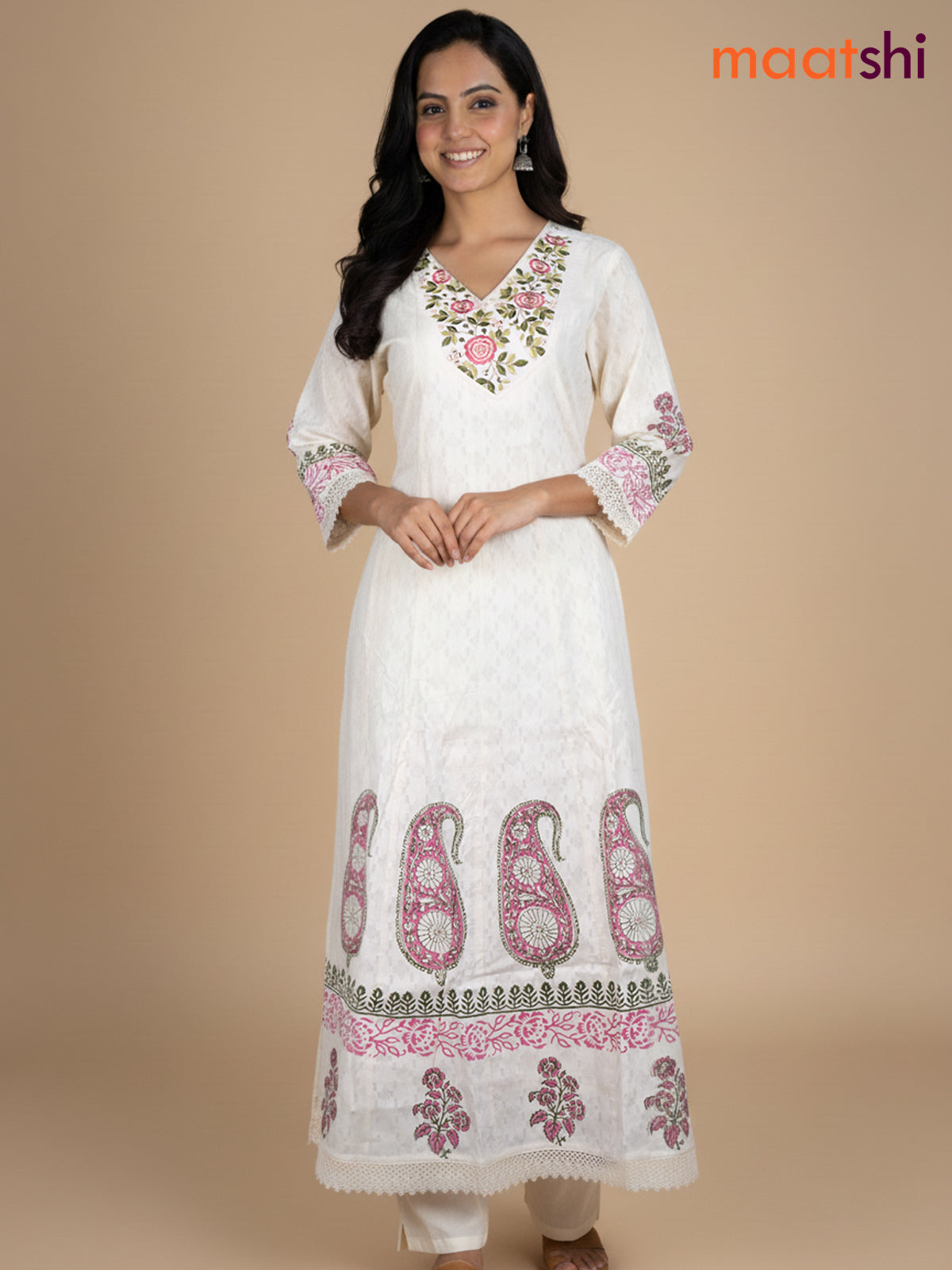 Cream and Green Pink Cotton Block Printed Anarkali Suit