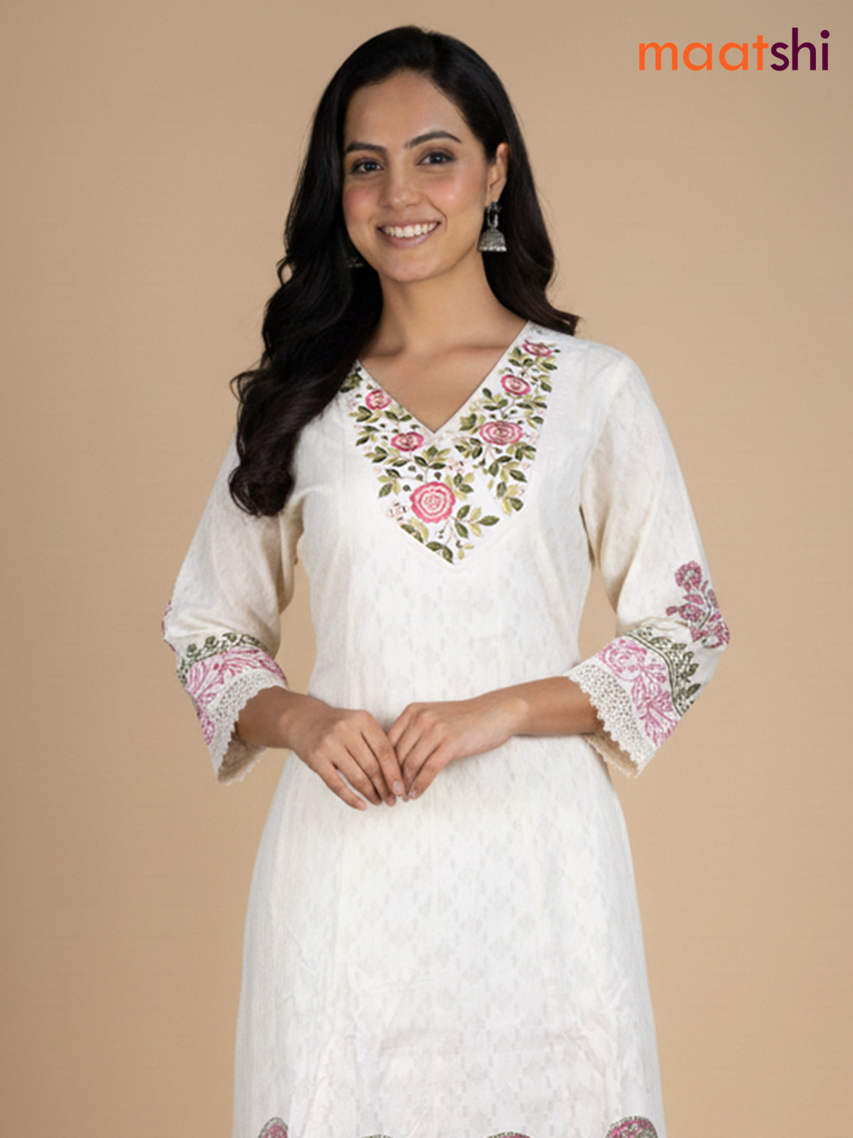 Cream and Green Pink Cotton Block Printed Anarkali Suit