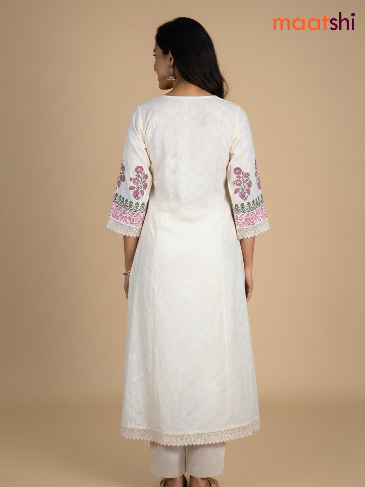 Cream and Green Pink Cotton Block Printed Anarkali Suit