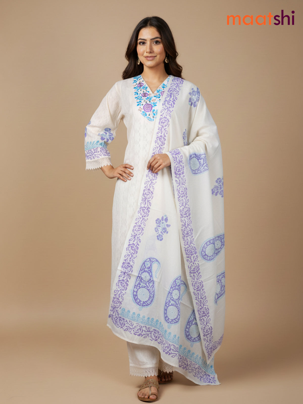 Cream and Lavender Teal Blue Cotton Block Printed Anarkali Suit