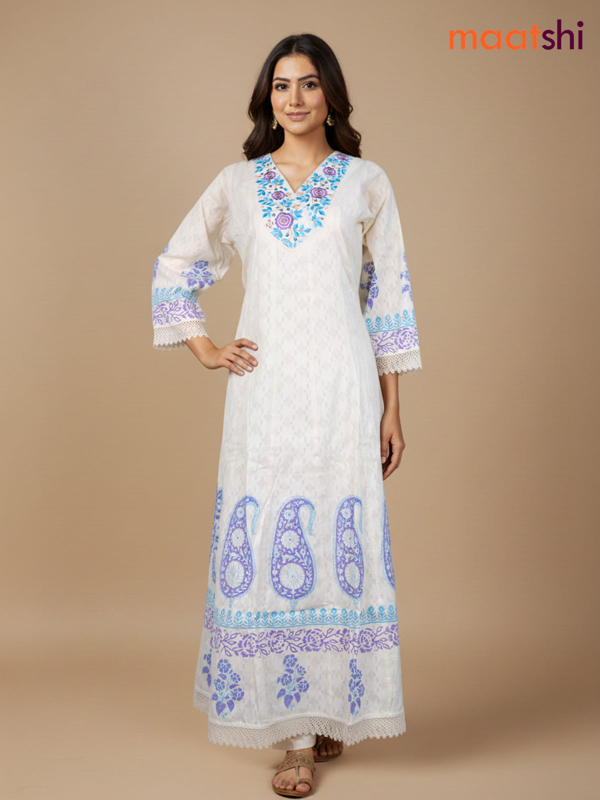 Cream and Lavender Teal Blue Cotton Block Printed Anarkali Suit