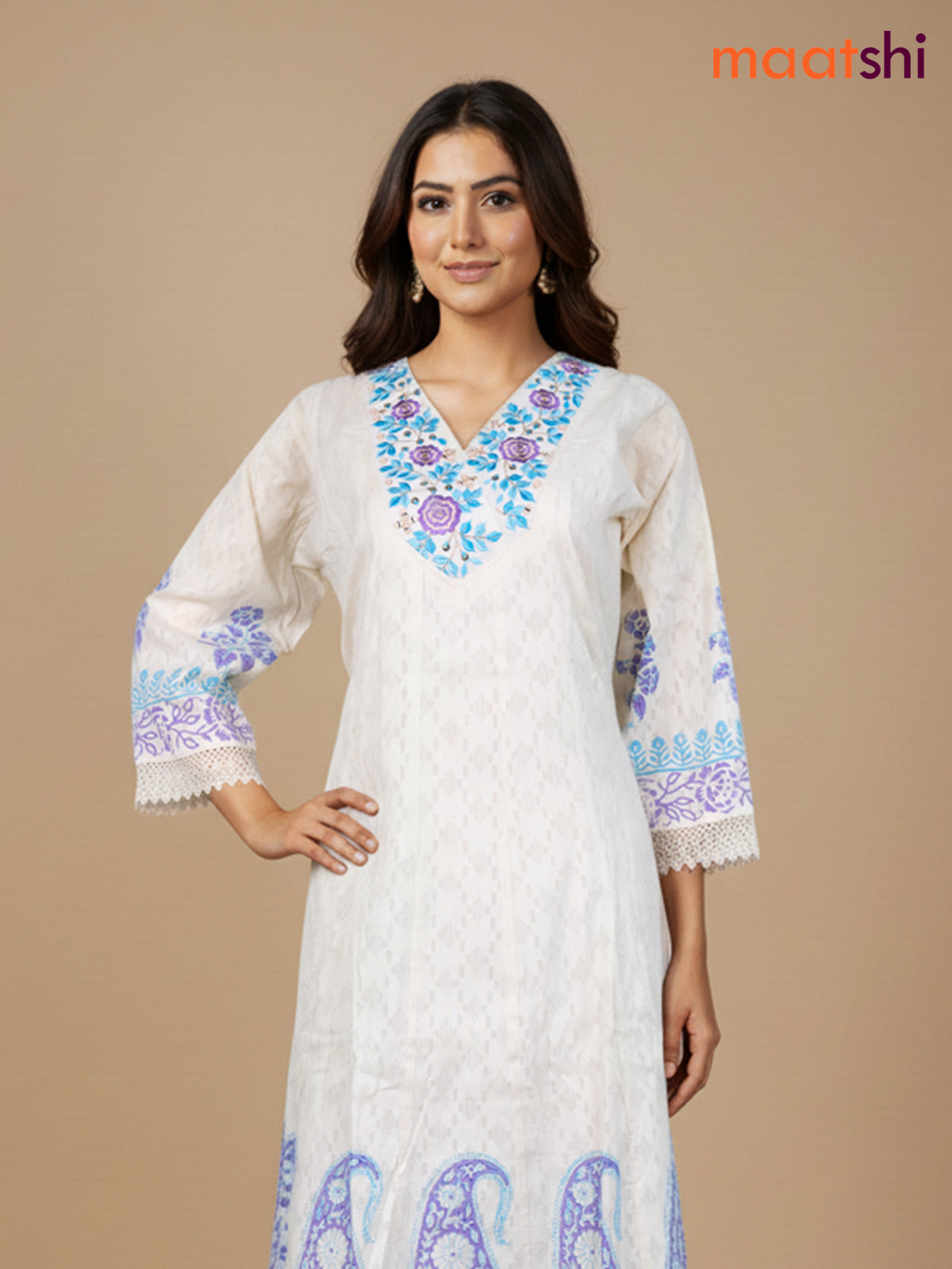 Cream and Lavender Teal Blue Cotton Block Printed Anarkali Suit